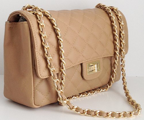 Italian Leather Quilted Designer Inspired Handbag with Gold Trims (Taupe) | Wholesale Scout